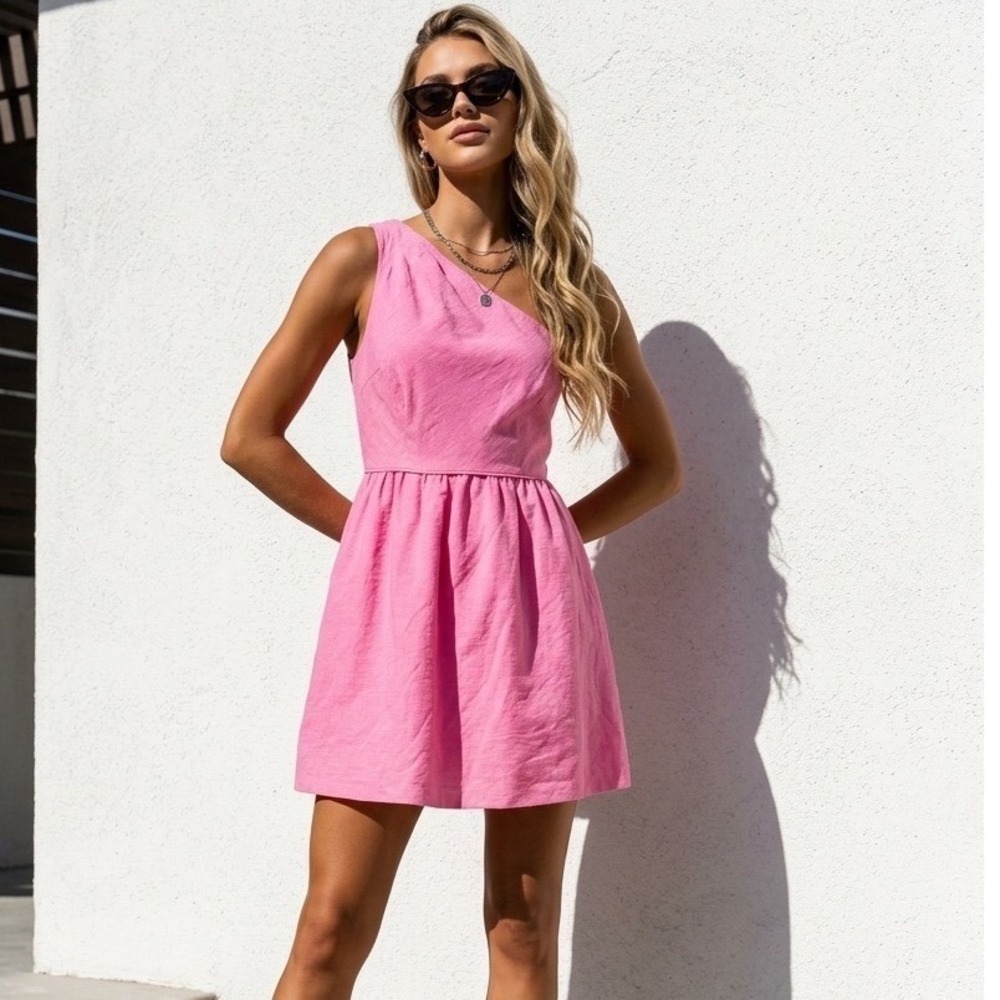 J. Crew Metallic Pink One Shoulder Dress Linen Blend Bubble Hem Size‎ 10